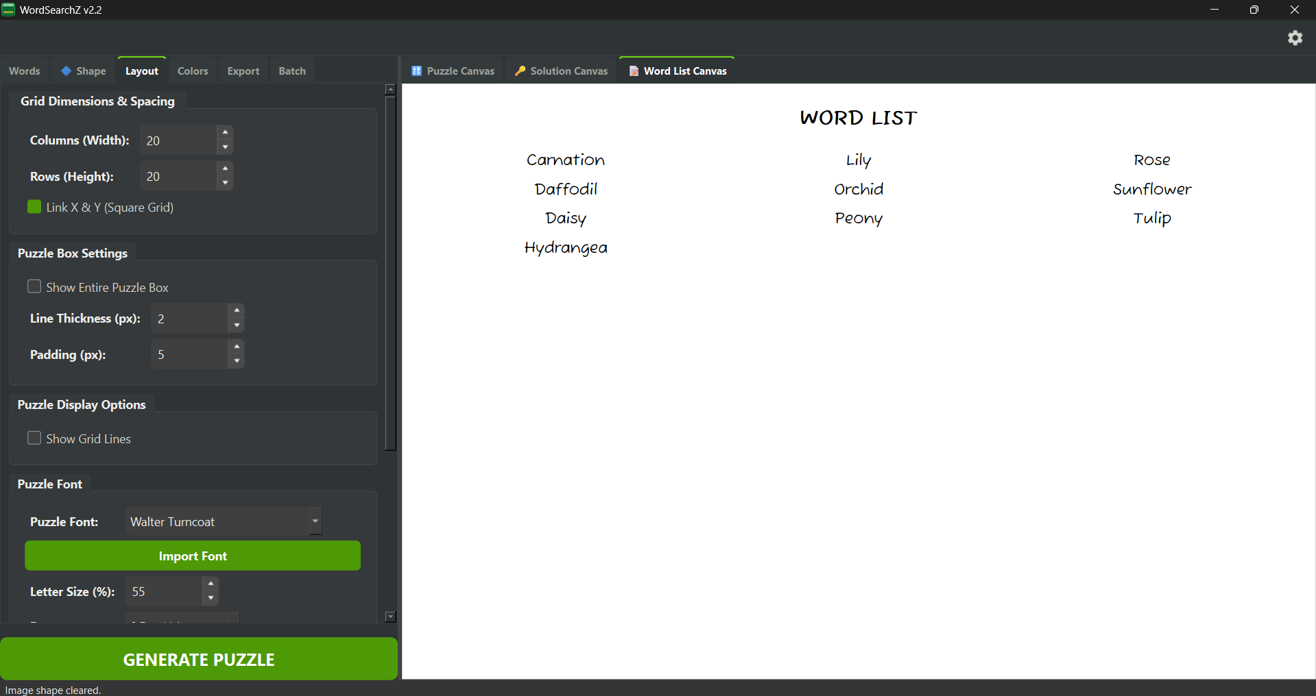 WordSearchZ Layout Tab interface