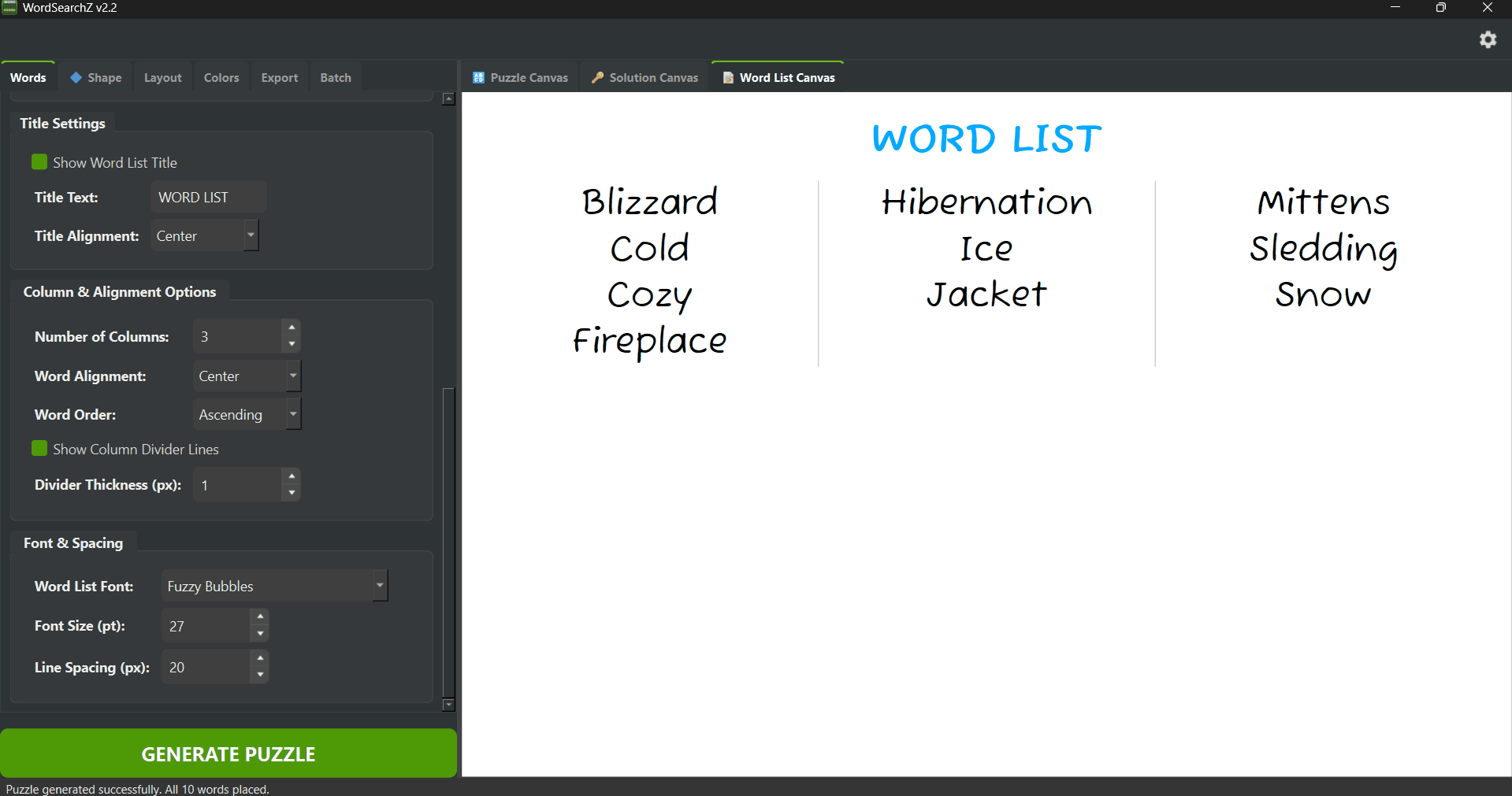 WordSearchZ Word List styling interface